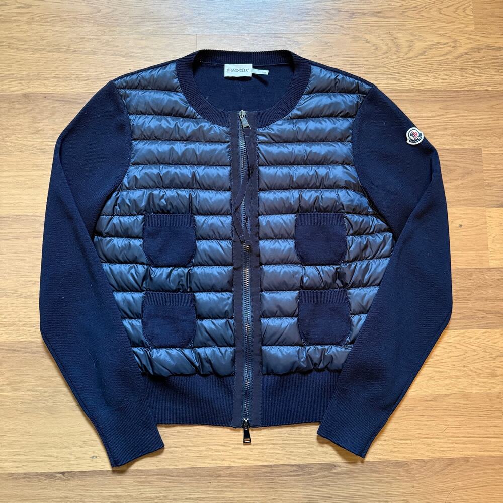Women's Moncler Navy Blue Tricot Alla Coreana Down Filled Zip Up Sweater Sz M